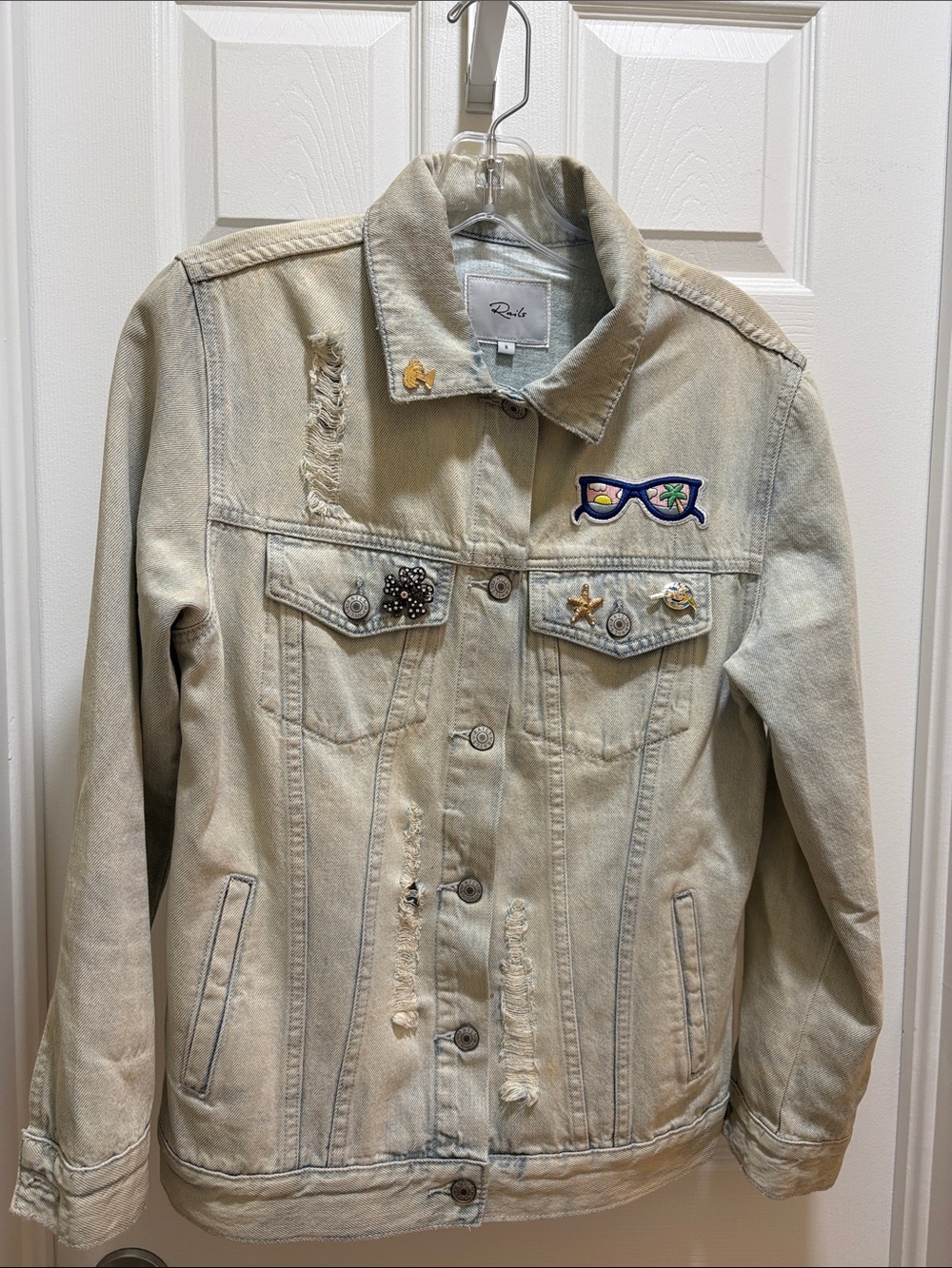 Rails Distressed Denim Jacket with Embroidered Patches